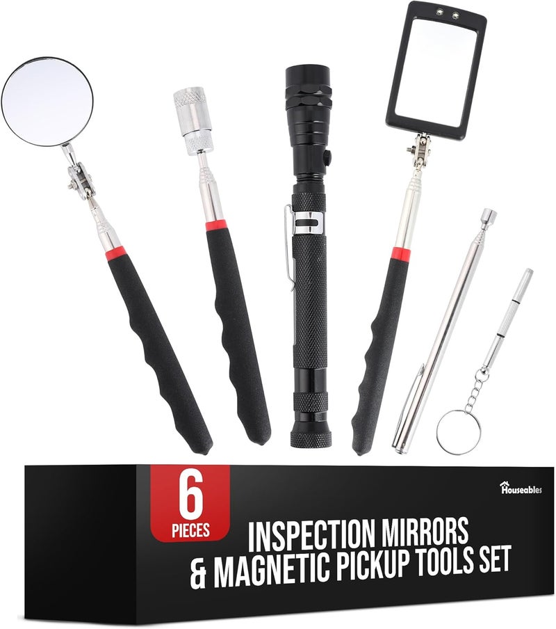 Houseables Telescoping Magnetic Pickup Tool, Inspection Mirror Telescoping, Extendable Magnet Pickup Tool, Mechanic Mirror, LED Flashlight, Long Extension, Mechanics, Automotive Shop, HVAC, 6 PC Set - Image 1