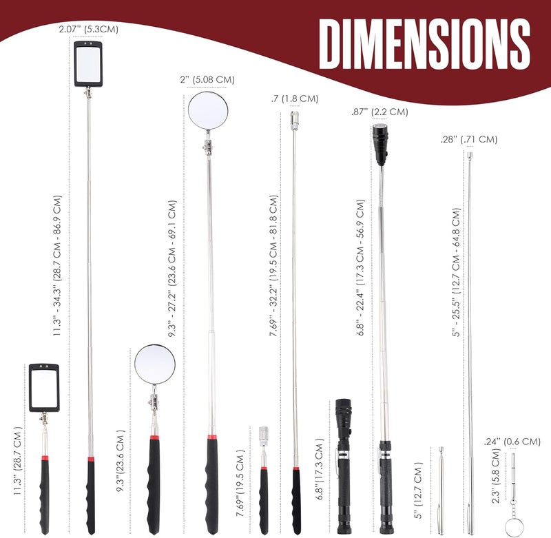 Houseables Telescoping Magnetic Pickup Tool, Inspection Mirror Telescoping, Extendable Magnet Pickup Tool, Mechanic Mirror, LED Flashlight, Long Extension, Mechanics, Automotive Shop, HVAC, 6 PC Set - Image 2