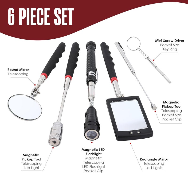 Houseables Telescoping Magnetic Pickup Tool, Inspection Mirror Telescoping, Extendable Magnet Pickup Tool, Mechanic Mirror, LED Flashlight, Long Extension, Mechanics, Automotive Shop, HVAC, 6 PC Set - Image 3