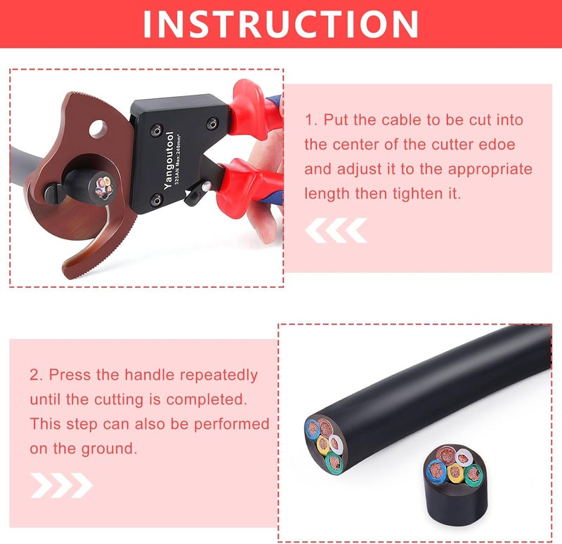 Yangoutool Ratchet Cable Cutter Heavy Duty for Copper and Aluminum Cables, 240mm² Capacity, Sharp Polished Edges, Ideal for Cutting Large Armored Electrical Wires, Perfect for Electricians - Image 5