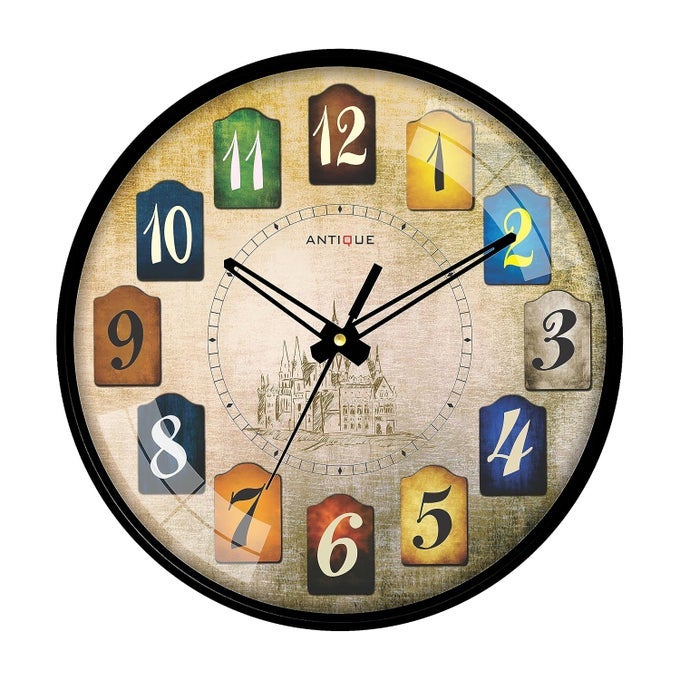 PLASTIC ROUND SHAPE WALL CLOCK WITH GLASS (BLACK FRAME, 12.5-INCH)