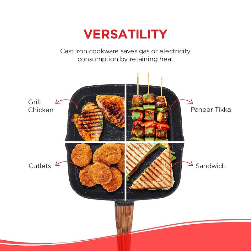 VINOD Vinod Zest Plus Die Cast Aluminium Grill Pan 24 cm BarbequeTandoori 5mm Thick 5 Layer Coating Wooden Finish Handle Induction Gas Base 1 Year Warranty  - Image 2