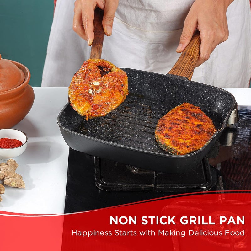 VINOD Vinod Zest Plus Die Cast Aluminium Grill Pan 24 cm BarbequeTandoori 5mm Thick 5 Layer Coating Wooden Finish Handle Induction Gas Base 1 Year Warranty  - Image 3