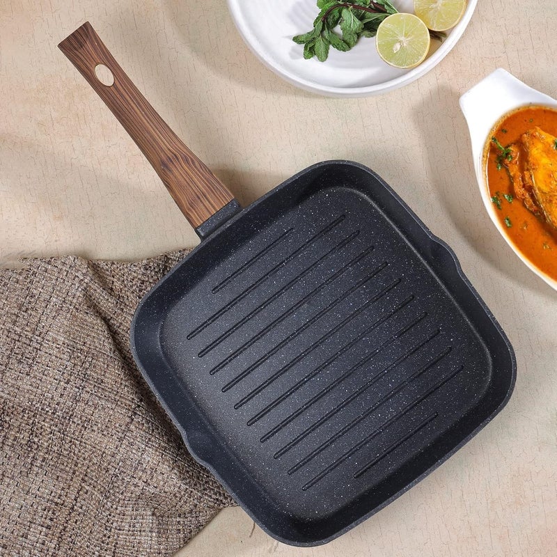 VINOD Vinod Zest Plus Die Cast Aluminium Grill Pan 24 cm BarbequeTandoori 5mm Thick 5 Layer Coating Wooden Finish Handle Induction Gas Base 1 Year Warranty  - Image 4