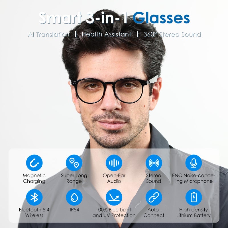 GetD AI Glasses for Men & Women, Smart Glasses Powered by ChatGPT, AI Real-time Translation with 145 Languages, 11H Music Play, Bluetooth Glasses with Anti-Blue Light Lens for Daily Use, Travel - Image 2