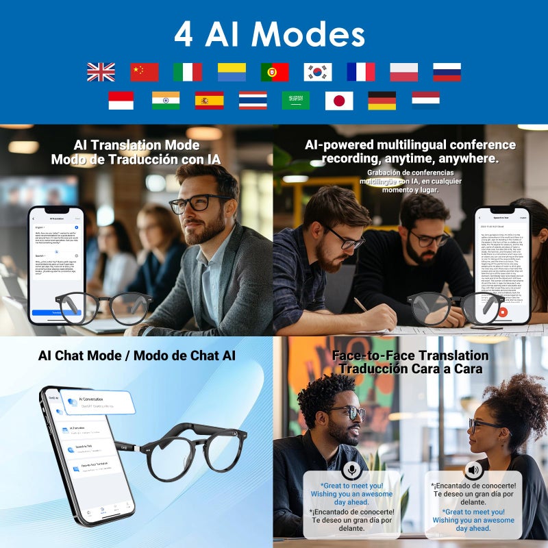 GetD AI Glasses for Men & Women, Smart Glasses Powered by ChatGPT, AI Real-time Translation with 145 Languages, 11H Music Play, Bluetooth Glasses with Anti-Blue Light Lens for Daily Use, Travel - Image 4