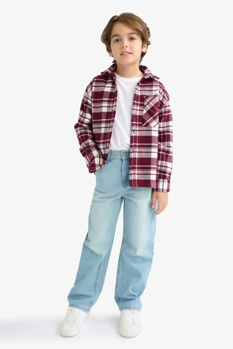 ديفاكتو Boy Oversize Fit Polo Collar Checked Long Sleeve Shirt