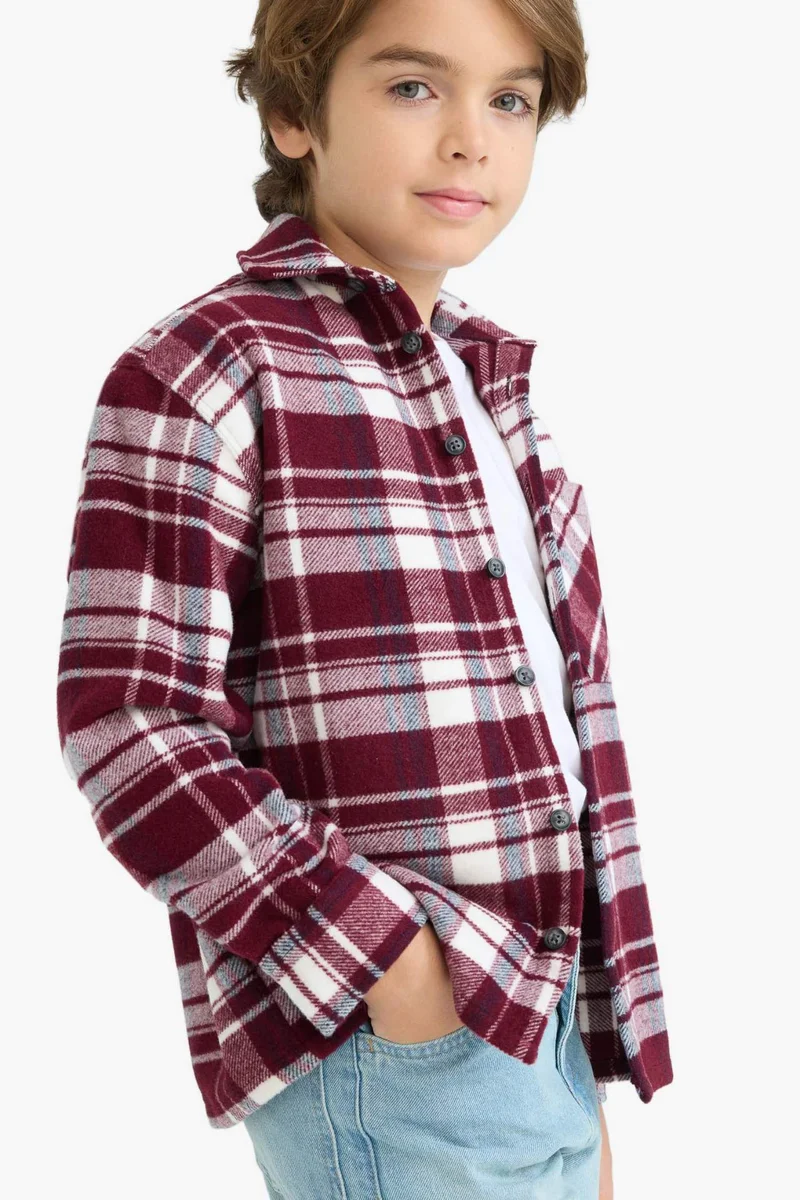 ديفاكتو Boy Oversize Fit Polo Collar Checked Long Sleeve Shirt