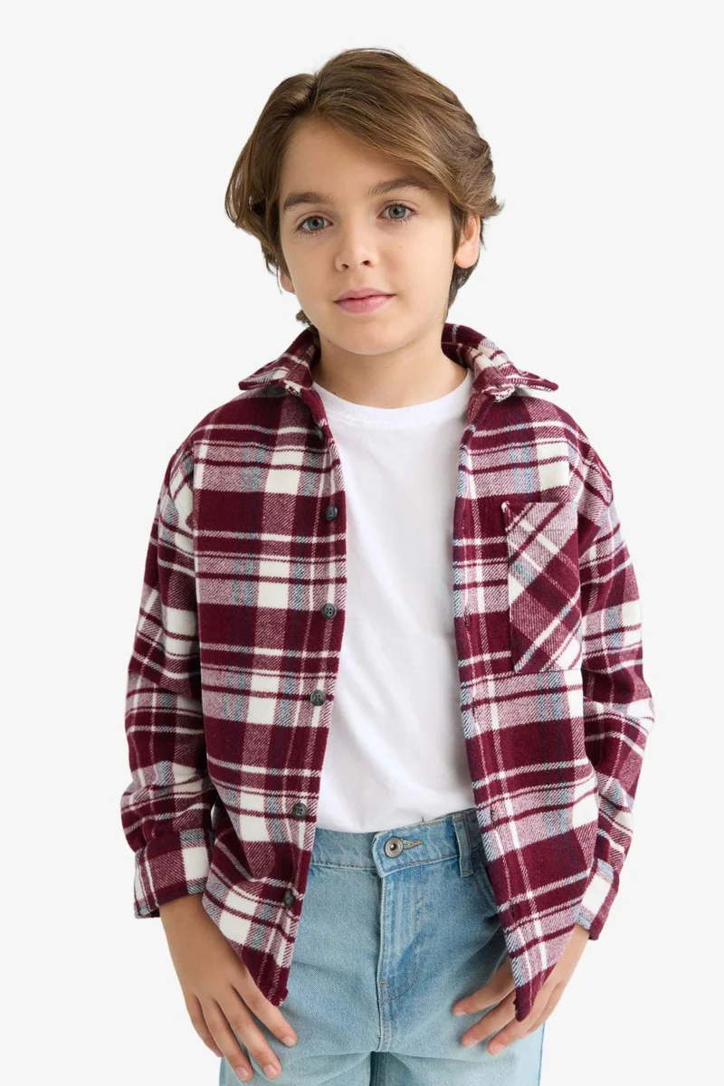 ديفاكتو Boy Oversize Fit Polo Collar Checked Long Sleeve Shirt