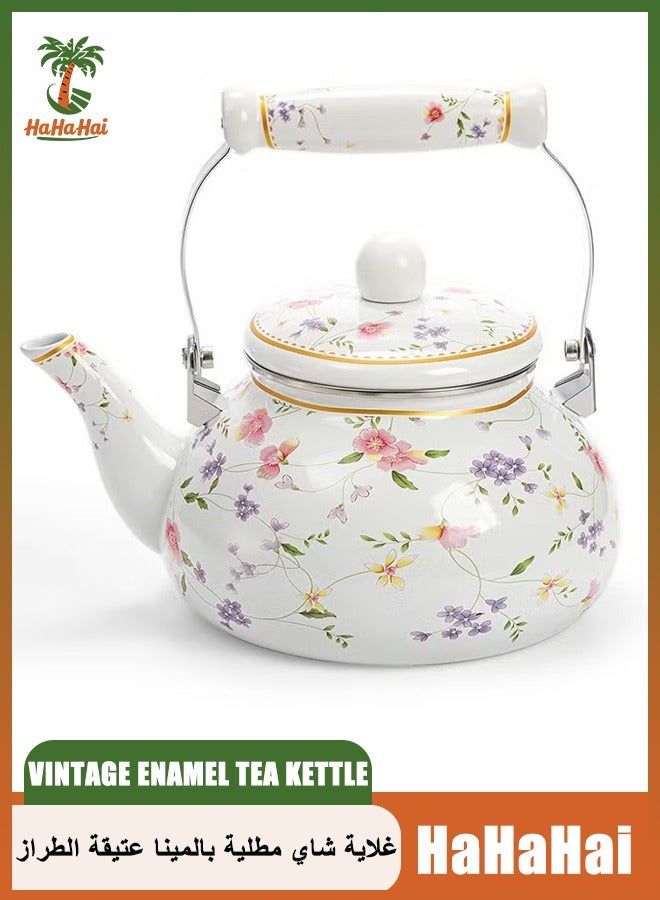 هاهاهاي إبريق شاي مينا عتيق 2.5 لتر – إبريق مينا بتصميم زهري قديم مع مقبض بورسلان، إبريق شاي سميك للموقد، مناسب للمطبخ، التخييم، القهوة وللهدايا المنزلية الأنيقة - Image 1