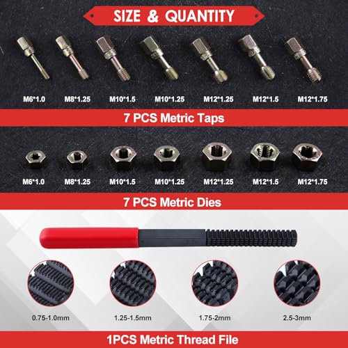 LEONTOOL مجموعة أدوات خيوط مترية LEONTOOL مكونة من 15 قطعة، أداة استعادة الخيوط M6 M8 M10 M12 تشمل 7 قواطع و7 قوالب و1 ملف خيوط، أداة تنظيف خيوط عالمية، مجموعة إصلاح خيوط تالفة - Image 2