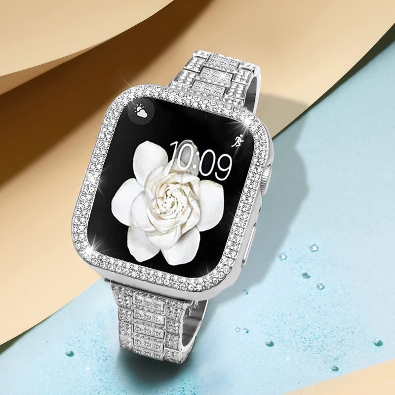 Mosonio Compatible with Apple Watch Band 38mm with Case Women, Bling Metal Wristband Strap with 2 Pack Bling PC Protective Cover for iWatch Series 3/2/1(38mm, Silver) - Image 2