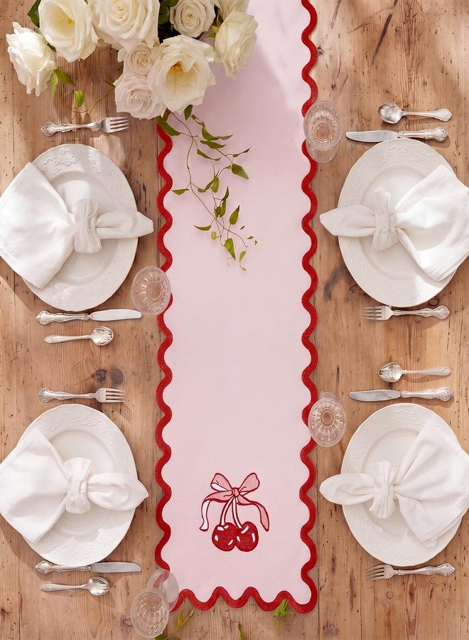 Breling Pink Bow Cherry Table Runner 70 Inches Coquette Scalloped Edge Table Runner Cute Embroidery Preppy Neutral Rustic Dining Decor for Birthday Baby Shower Party Kitchen Deck Decor - Image 4