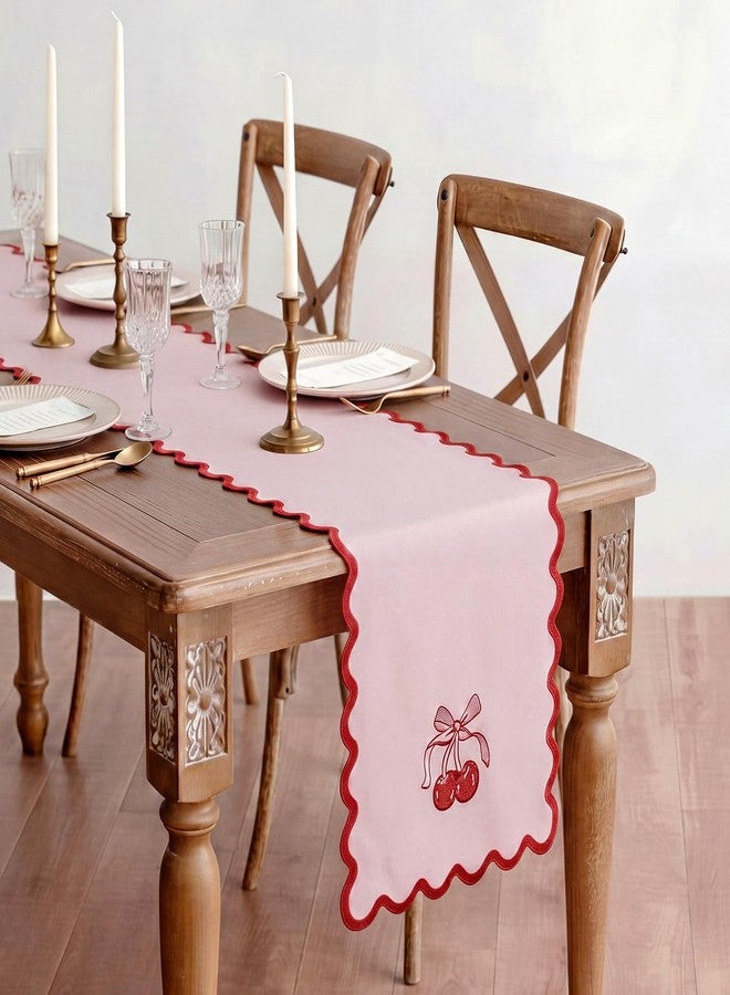 Breling Pink Bow Cherry Table Runner 70 Inches Coquette Scalloped Edge Table Runner Cute Embroidery Preppy Neutral Rustic Dining Decor for Birthday Baby Shower Party Kitchen Deck Decor - Image 5