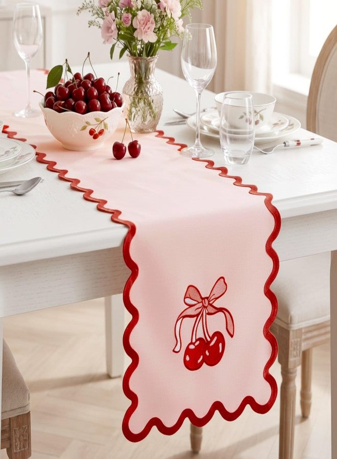 Breling Pink Bow Cherry Table Runner 70 Inches Coquette Scalloped Edge Table Runner Cute Embroidery Preppy Neutral Rustic Dining Decor for Birthday Baby Shower Party Kitchen Deck Decor - Image 1
