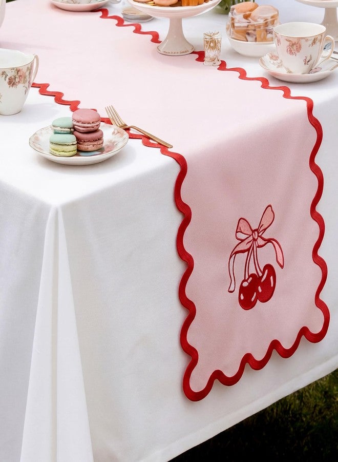 Breling Pink Bow Cherry Table Runner 70 Inches Coquette Scalloped Edge Table Runner Cute Embroidery Preppy Neutral Rustic Dining Decor for Birthday Baby Shower Party Kitchen Deck Decor - Image 3
