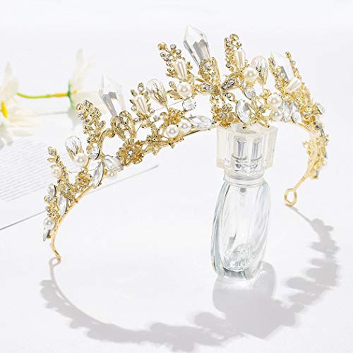 Haloty Baroque Butterfly Wedding Crown and Tiara Gold Queen Crystal Bride Pearl Crowns Flower Bridal Tiara Princess Teardrop Rhinestone Headpieces for Women and Girls - Image 5