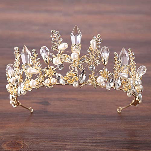 Haloty Baroque Butterfly Wedding Crown and Tiara Gold Queen Crystal Bride Pearl Crowns Flower Bridal Tiara Princess Teardrop Rhinestone Headpieces for Women and Girls - Image 1