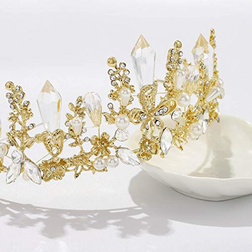 Haloty Baroque Butterfly Wedding Crown and Tiara Gold Queen Crystal Bride Pearl Crowns Flower Bridal Tiara Princess Teardrop Rhinestone Headpieces for Women and Girls - Image 4