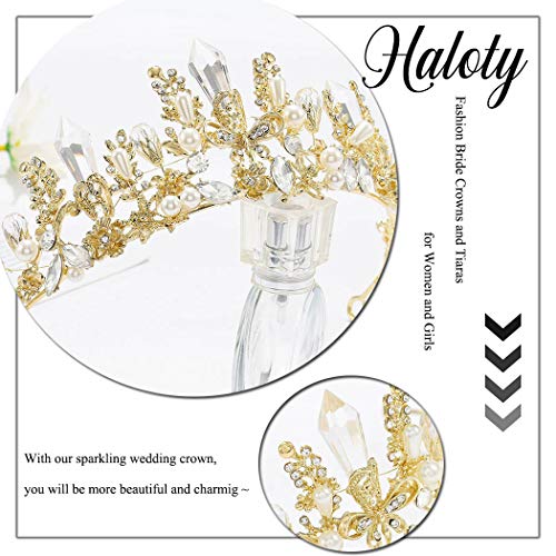Haloty Baroque Butterfly Wedding Crown and Tiara Gold Queen Crystal Bride Pearl Crowns Flower Bridal Tiara Princess Teardrop Rhinestone Headpieces for Women and Girls - Image 3