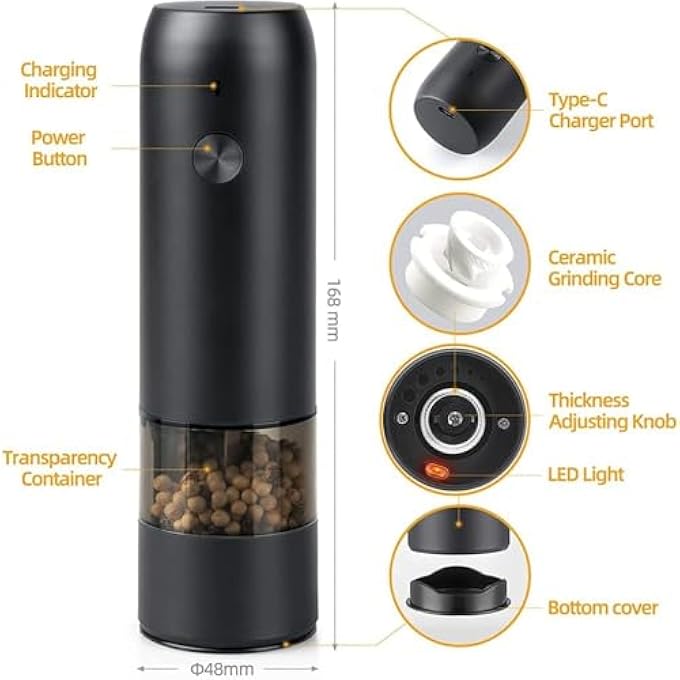 هالامودو مطحنة قهوة كهربائية محمولة قابلة للشحن عبر USB مع 6 إعدادات متعددة الطحن لطحن القهوة والملح والفلفل والتوابل المطحنة بالأسود - Image 3