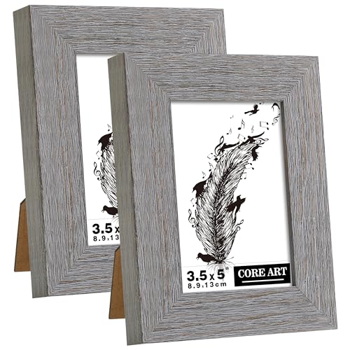 CORE ART إطار صور CORE ART 3.5x5، إطار خشبي يدوي ريفي رمادي مجموعة من 2، زجاج شبه مقسى عالي الدقة للعرض على الحائط أو الطاولة - Image 1