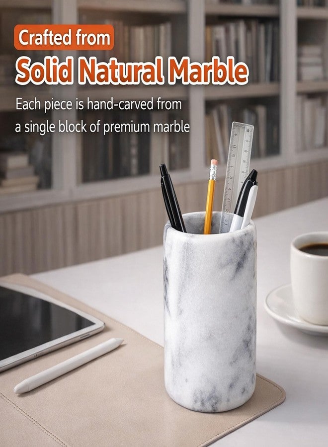 Creative Home Solid Natural Marble Pen Holder - Heavyweight Pencil Cup Organizer for Desk, Vanity, or Bathroom, 3.3" Diameter x 4.5" Height, Off-White with Unique Stone Patterns - Image 2