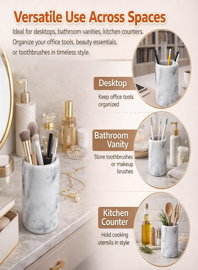 Creative Home Solid Natural Marble Pen Holder - Heavyweight Pencil Cup Organizer for Desk, Vanity, or Bathroom, 3.3" Diameter x 4.5" Height, Off-White with Unique Stone Patterns - Image 3