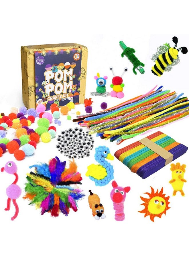 Asian Hobby Crafts Kids Pom Pom Crafts Kit with 50X Pipe Cleaners,Googly Eyes,Pompom Balls,Ice Cream Sticks,Color Feathers for DIY Art&Crafts Projects - Image 1