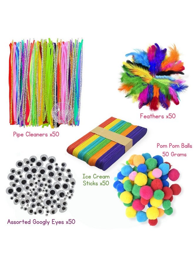 Asian Hobby Crafts Kids Pom Pom Crafts Kit with 50X Pipe Cleaners,Googly Eyes,Pompom Balls,Ice Cream Sticks,Color Feathers for DIY Art&Crafts Projects - Image 2