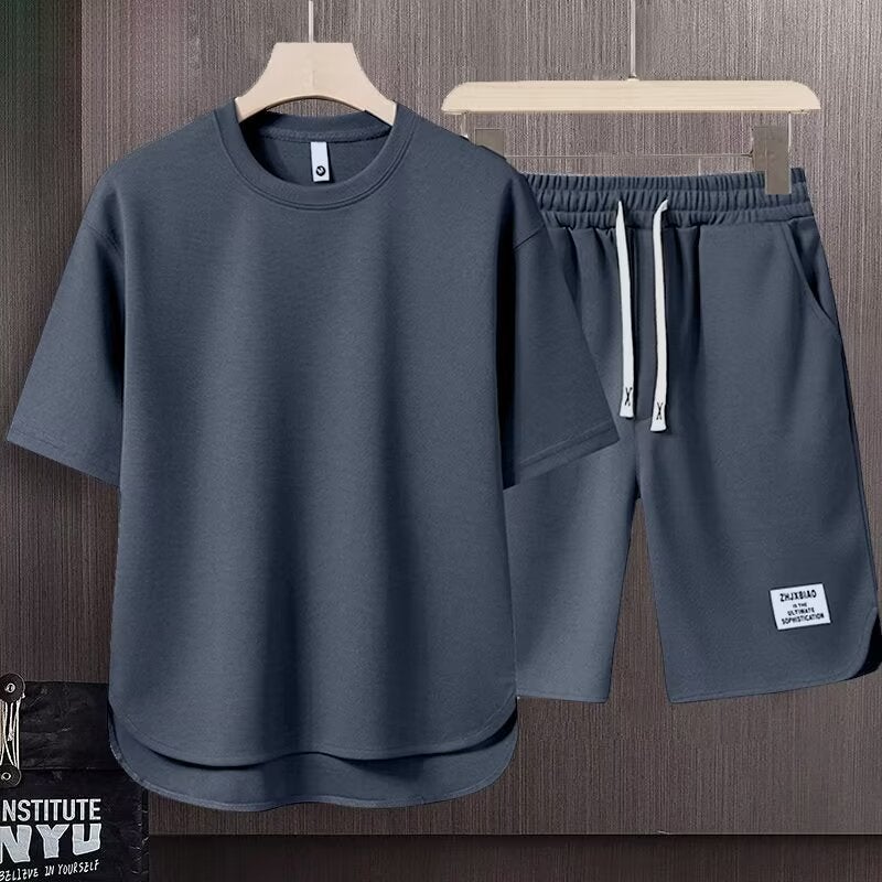 A set of matching loose suit solid color mens T-shirt summer Japanese fashion ins short sleeve T-shirt 2024 Grey - Image 1