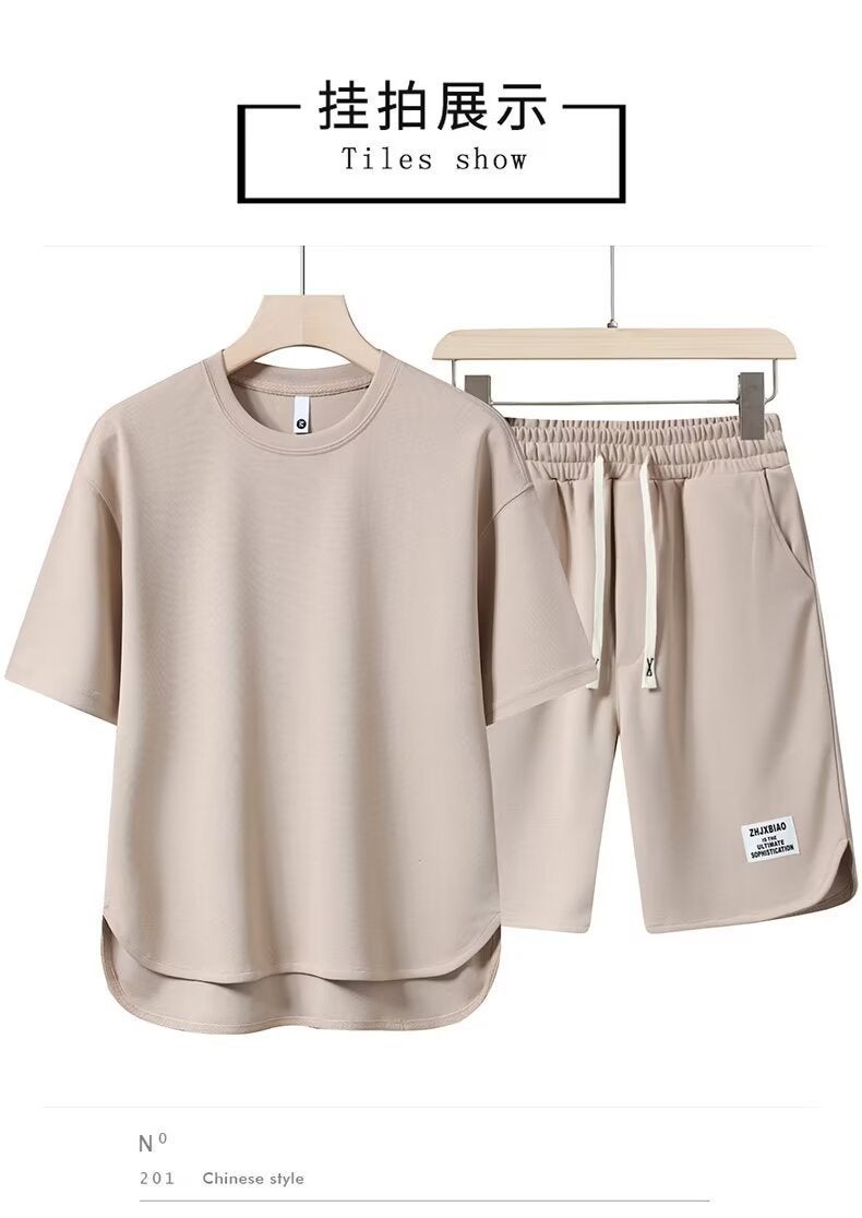 A set of matching loose suit solid color mens T-shirt summer Japanese fashion ins short sleeve T-shirt 2024 Grey - Image 2
