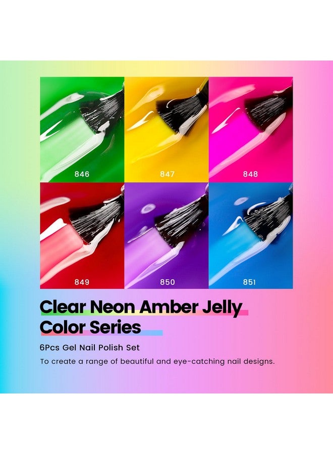 RARJSM Neon Jelly Gel Nail Polish Set 6pcs Clear Crytal Glass Yellow Blue Green Red Pink Purple Transparent Sheer Gel Varnish LED UV Curing Requires French Manicure Soad off Summer Iridescent Colors - Image 5