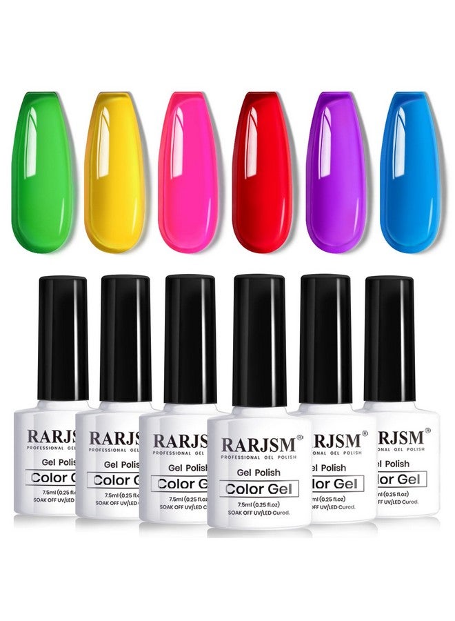 RARJSM Neon Jelly Gel Nail Polish Set 6pcs Clear Crytal Glass Yellow Blue Green Red Pink Purple Transparent Sheer Gel Varnish LED UV Curing Requires French Manicure Soad off Summer Iridescent Colors - Image 1