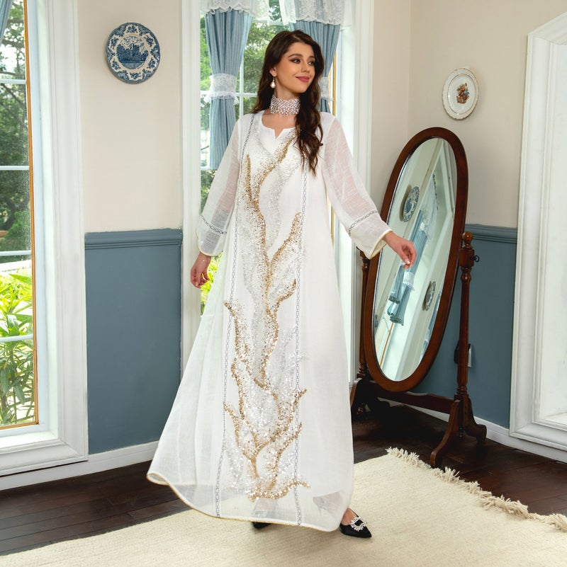 White Muslim Robe Sequin Embroidery Jalabiya Party Evening Dress - Image 3