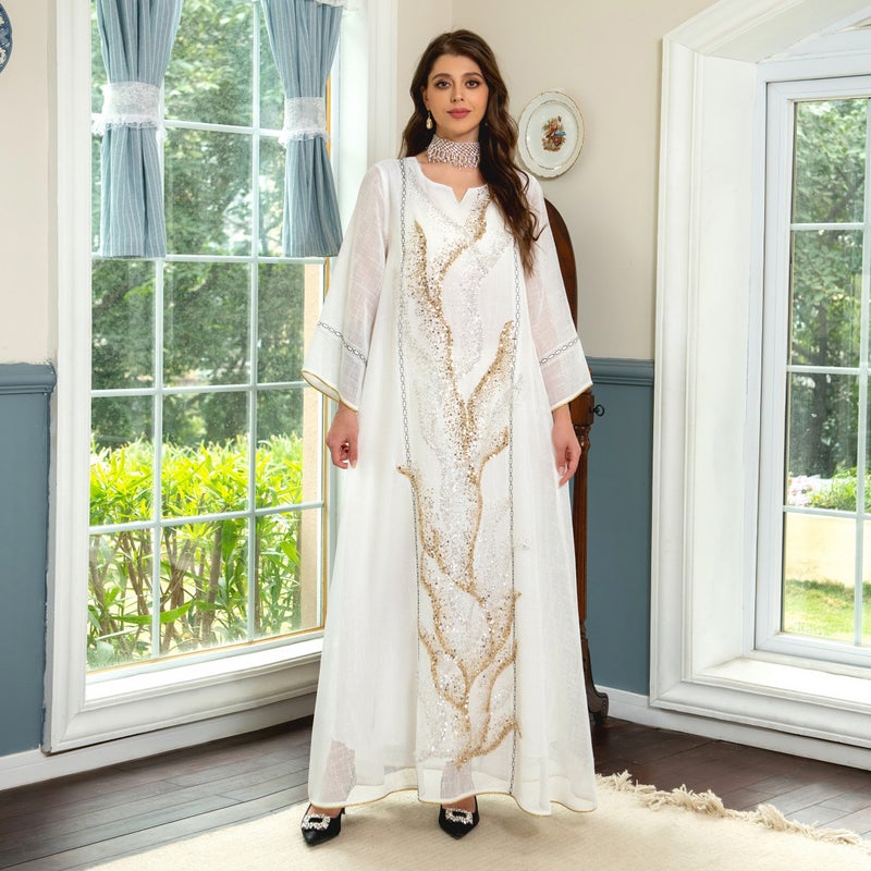 White Muslim Robe Sequin Embroidery Jalabiya Party Evening Dress - Image 1