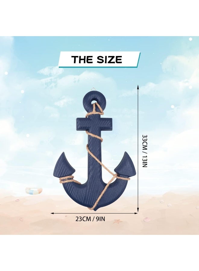 YINZUO YINZUO Nautical Wall Decor 28CM Wooden Ship Wheel & 33CM Wood Anchor with Rope Anchor Door Hanging Ornament for Beach House, Bathroom (Blue) - Image 3