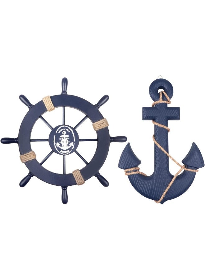 YINZUO YINZUO Nautical Wall Decor 28CM Wooden Ship Wheel & 33CM Wood Anchor with Rope Anchor Door Hanging Ornament for Beach House, Bathroom (Blue) - Image 1
