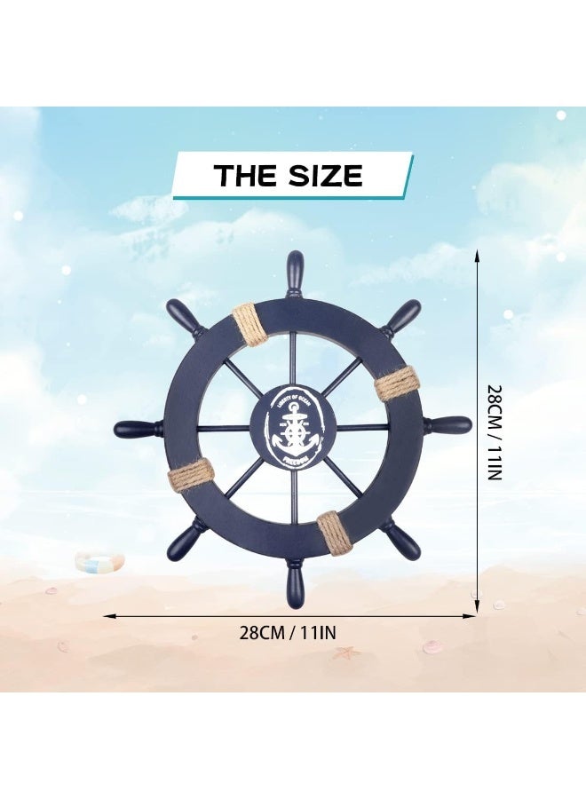 YINZUO YINZUO Nautical Wall Decor 28CM Wooden Ship Wheel & 33CM Wood Anchor with Rope Anchor Door Hanging Ornament for Beach House, Bathroom (Blue) - Image 4