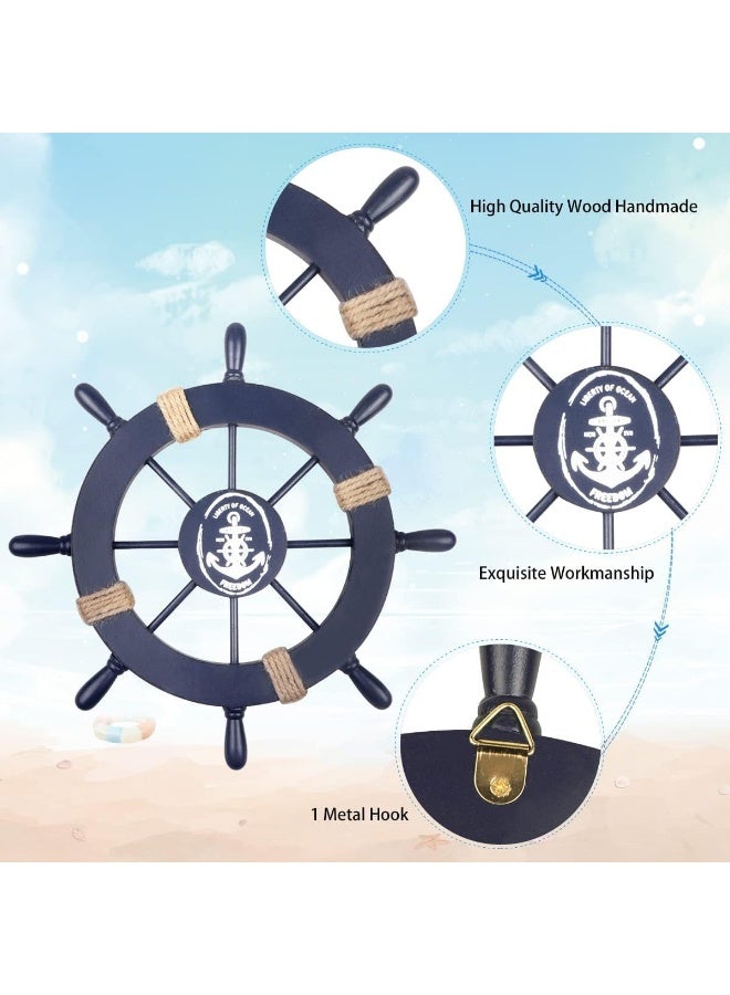 YINZUO YINZUO Nautical Wall Decor 28CM Wooden Ship Wheel & 33CM Wood Anchor with Rope Anchor Door Hanging Ornament for Beach House, Bathroom (Blue) - Image 5