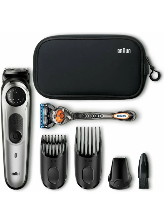 BRAUN Beard Trimmer Hair Clippers For Men Cordless Rechargeable Detail Head With Gillette Pro Glide Razor And Travel Bag - Silver/Black BT5960