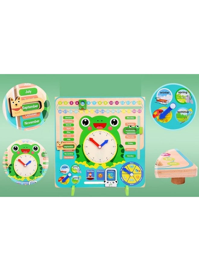 TRU TOYS TRU TOYS Multifunctional 7 in 1 Wooden Montessori Analog Clock, Calendar, Weather, Season, Time, Week, Number Teaching for Kids Preschool Educational Learning Clock Toy - Multi Color (Frog Stand) - Image 2