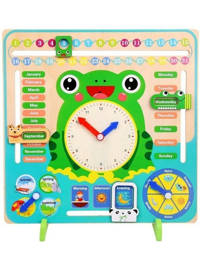 TRU TOYS TRU TOYS Multifunctional 7 in 1 Wooden Montessori Analog Clock, Calendar, Weather, Season, Time, Week, Number Teaching for Kids Preschool Educational Learning Clock Toy - Multi Color (Frog Stand) - Image 1