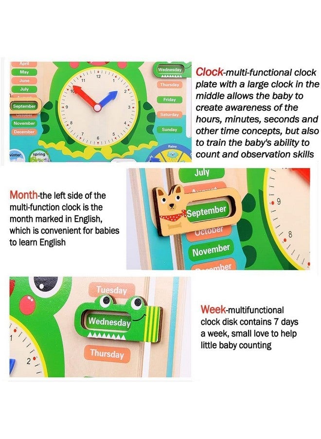 TRU TOYS TRU TOYS Multifunctional 7 in 1 Wooden Montessori Analog Clock, Calendar, Weather, Season, Time, Week, Number Teaching for Kids Preschool Educational Learning Clock Toy - Multi Color (Frog Stand) - Image 4
