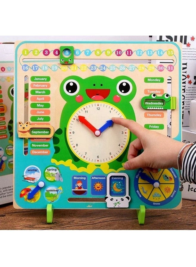 TRU TOYS TRU TOYS Multifunctional 7 in 1 Wooden Montessori Analog Clock, Calendar, Weather, Season, Time, Week, Number Teaching for Kids Preschool Educational Learning Clock Toy - Multi Color (Frog Stand) - Image 3