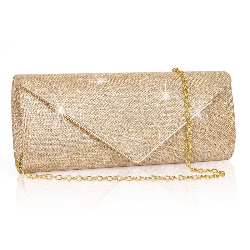 Larcenciel Larcenciel Clutch Purses for Women, Sparkling Envelope Evening Bag with Detachable Chain, Glitter Sequins Metal Formal Handbag Shoulder Crossbody Bag Prom Party Purse Bridal Wedding Bag-Champagne Gold  - Image 1