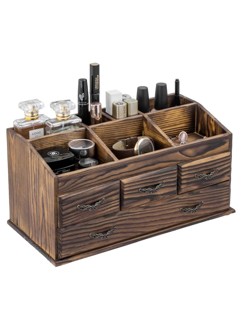 Generic 7 Compartment Rustic Burnt Brown Beech Wood Vanity Organizer Rack with 4 Storage Drawers for Jewelry, Perfume, Cosmetics, and Hair Accessories. - Image 1