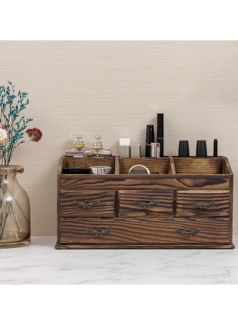 Generic 7 Compartment Rustic Burnt Brown Beech Wood Vanity Organizer Rack with 4 Storage Drawers for Jewelry, Perfume, Cosmetics, and Hair Accessories. - Image 3