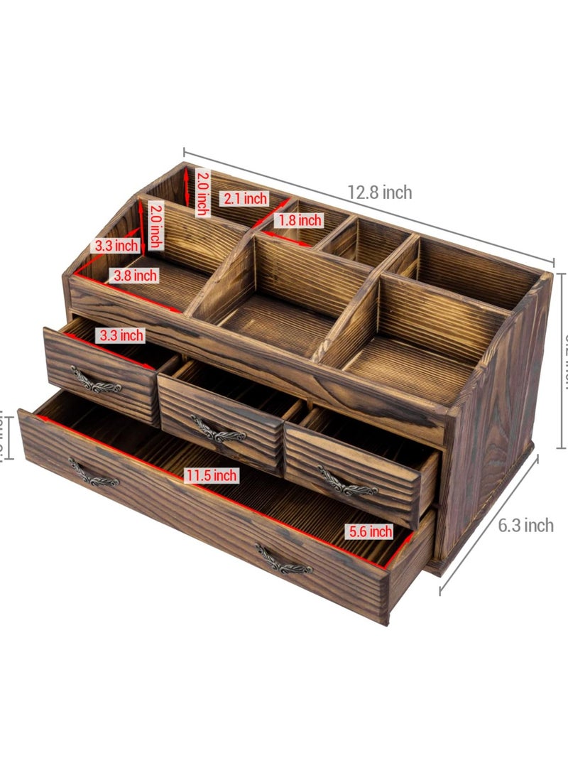Generic 7 Compartment Rustic Burnt Brown Beech Wood Vanity Organizer Rack with 4 Storage Drawers for Jewelry, Perfume, Cosmetics, and Hair Accessories. - Image 4