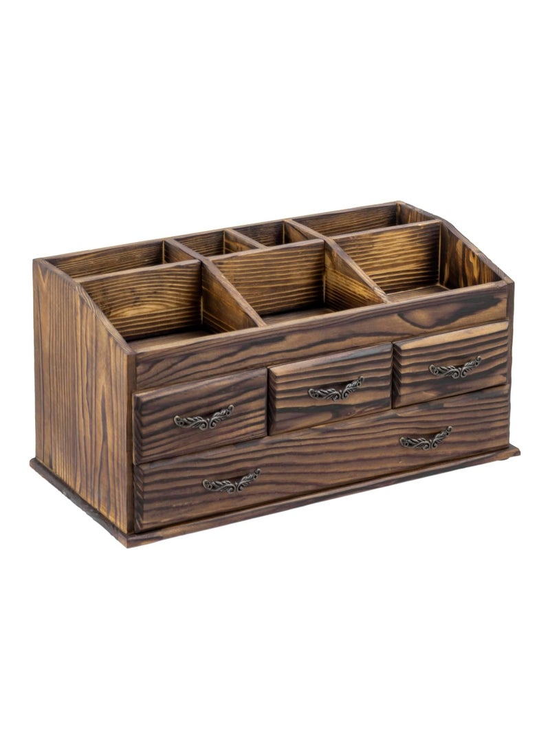 Generic 7 Compartment Rustic Burnt Brown Beech Wood Vanity Organizer Rack with 4 Storage Drawers for Jewelry, Perfume, Cosmetics, and Hair Accessories. - Image 5